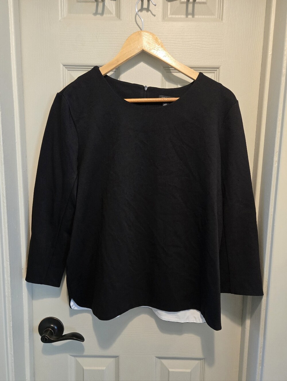 Ann Taylor Black Boatneck Long Sleeve Top with White Hem Detail